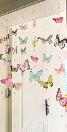 the butterflies are hanging on the wall behind the door to make it look like they're coming out of the closet