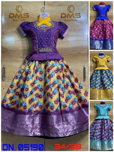 the children's dress is in different colors and patterns, including blue, yellow, purple