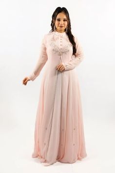 Pastel pink anrkali with cut out detail and floral beads embroidery. - Aza Fashions Pink Embellished Wedding Kurta, Fitted Embellished Pink Salwar Kameez, Fitted Pink Embellished Salwar Kameez, Pink Embellished Fitted Salwar Kameez, Pink Floral Embroidery Sets For Eid, Embellished Pink Georgette Salwar Kameez, Semi-stitched Pink Kurta With Long Sleeves, Pink Embellished Georgette Kurta, Semi-stitched Pink Naqshi Sets