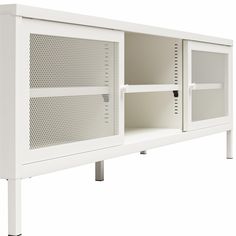 a white cabinet with two doors and shelves