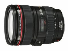 a canon lens with the hood open and red stripe on it's side,