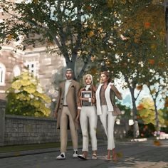 three people standing in the middle of a street with trees and buildings on either side