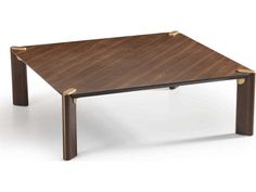 a wooden table with metal legs and a square shaped design on the top, against a white background