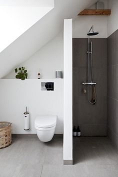 a white toilet sitting next to a walk in shower under a slanted skylight