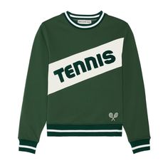 a green tennis sweater with the word tennis on it's chest and two crossed racquets at the bottom