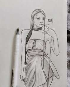 a drawing of a woman taking a selfie with her cell phone while wearing a dress