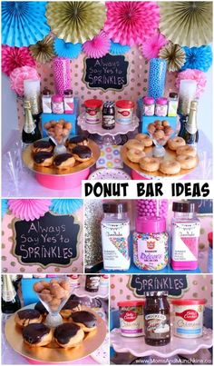 donut bar with pink, blue and gold decorations for a baby's first birthday