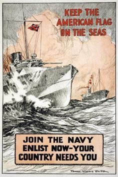 an old poster with a boat in the water and another ship on it's side