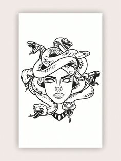 a black and white drawing of a woman with snakes on her head