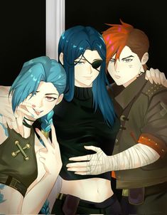 three anime characters with blue hair and piercings posing for the camera, one holding his arm around the other's shoulder