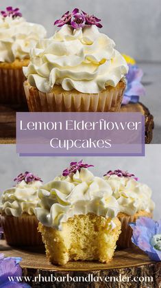 lemon flower cupcakes with white frosting and purple flowers on the top one is cut in half