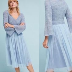 Brand New With Tags, Never Worn - Anthropologie Maeve Sky Blue Sweater Tulle Arabesque Style Dress. Size Small Petite. Gtd/Tl Grey Embroidered Dress, Pleated Tulle Skirt, Dress With Tulle Skirt, Anthropology Dresses, Sweater Midi Dress, Pleated Tulle, Dress With Tulle, Olive Green Dresses, Layered Sweater