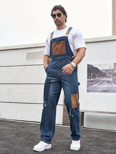 Men's Distressed Denim Overalls , Long Pants For Daily Wear Baggy Overall Color Block Navy Blue Work Vintage Blue Casual  Sleeveless Denim Plain Overall Non-Stretch  Men Clothing, size features are:Bust: ,Length: ,Sleeve Length: Vintage Pants Men, Overall Men, Denim Jumpsuits, Overalls Men, Jumpsuit Men, Vintage Pants, Jeans Mens, Denim Overalls, Men Clothing