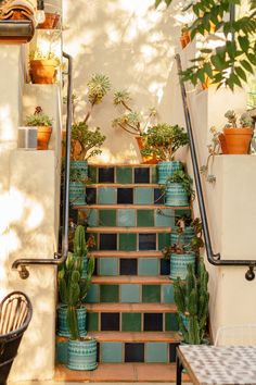 a set of stairs with potted plants on each side and tiled steps leading up to the second floor