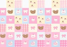 a checkered pattern with teddy bears and cakes on it's sides, in pastel colors