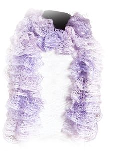 a white scarf with purple ruffles on it