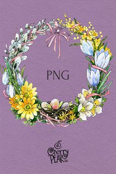 a watercolor painting of a floral wreath with the word png written in it