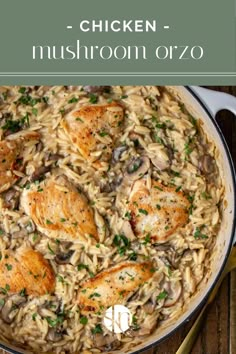 chicken and mushroom orzo in a skillet with text overlay