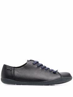 Jet-black leather low-top lace-up trainers from CAMPER featuring front lace-up fastening, round toe, flat rubber sole and branded insole. | Camper Low-Top Lace-Up Trainers Leather Low-top Lace-up Shoes With Elastic Laces, Black Leather Sneakers With Lace-up Fastening, Leather High-top Sneakers With Lace-up Fastening, Leather Sneakers With Round Toe And Lace-up Fastening, Modern Low-top Lace-up Shoes With Leather Sole, Black Low-top Leather Sole Walking Shoes, Black Sneakers With Leather Sole, Black Sneakers With Leather Sole And Flat Heel, Black Low-top Lace-up Shoes With Leather Sole