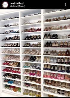 a white shoe rack filled with lots of different colored women's shoes on top of shelves