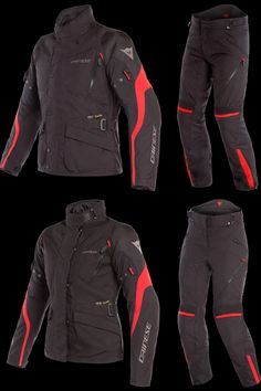 three different views of a black and red motor cycle jacket, pants, and helmet