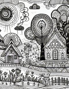 a black and white drawing of houses in the woods