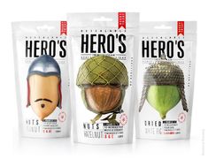 three bags of hero's hero's nuts are shown in front of each other