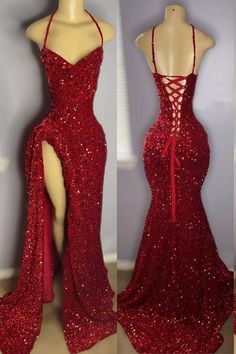 Red Sequins Prom Dress with Slit Shiny Floor-Length Party Dress | Newarrivaldress.com Red Halter Dress Formal, Dark Red Dress Prom, Cherry Red Prom Dress, Red Shiny Dress, Prom Dresses With Slits, Red Dresses Prom, Red And Gold Prom Dress, Prom Dress Ideas Unique, Red Prom Dress Sparkly