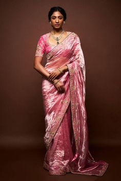 Pink tissue saree with mughal gardenia border embroidery detailing. Paired with a flattering scoop neck half sleeves blouse with beads, pearl bloom embroidery and a petticoat. - Aza Fashions Tissue Sari Blouse Design, Organza Silk Blouse Designs, Blouse Design Half Sleeves, Scoop Neck Blouse Indian, Scoop Neck Blouse Saree, Maharani Tissue Saree, Blouse For Tissue Saree, Blouse Design For Tissue Saree, Pink Tissue Saree Blouse Designs