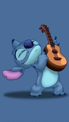 an animated character with a guitar on his shoulder and eyes closed, playing the ukulele