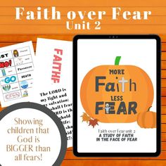 a tablet with the words faith over fear on it and an image of a pumpkin