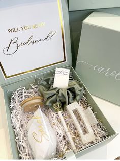 Imagine the joy and excitement on your best friend's face when she opens the beautifully crafted "Will You Be My Bridesmaid" Sage Green Box. This isn't just a gift; it's a heartfelt gesture that sets the tone for your journey to the altar. Our exquisite sage green box is designed to make your bridesmaid proposal as memorable and special as the role she’ll play on your big day. Wedding Gift Ideas For Bridal Party, Wedding Bridesmaid Ask Proposals, Wedding Bridesmaid Boxes Gift Ideas, 2 Maid Of Honor Proposal, Will You Be My Made Of Honor, Wedding Ideas Bridesmaids Proposal, Gift Box Bridesmaid, Bride Maid Boxes, Wedding Ideas For Bridesmaids