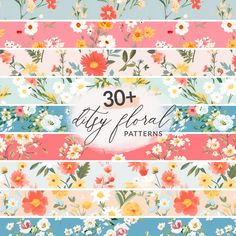 floral patterns with the words 30 + diy floral patterns on them in white, pink, yellow and blue