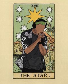 the star tarot card with a man in headphones holding his hands to his face