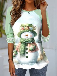 Shop Affordable Women T-shirts Spring/Fall T-shirt Long Sleeve Casual T-shirt Christmas Snowman T-shirt Loose Daily Crew Neck On Justfashinnow.com Green Silhouette, Fall T Shirt, Green Theme, Women Christmas, Women's Casual Style, Spring Shirts, Plus Size Top, Casual Spring, Long Sleeve Tees Women