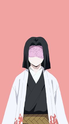 an anime character with a pink brain on her head and black hair, sitting in front of a pink background