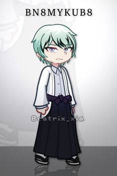 an anime character with green hair and black pants standing in front of a white wall