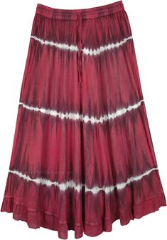 A lightweight everyday casual wear rayon fabric skirt in crimson red and electric tie-dye with slight acid wash.  The fabric has a slightly crinkled look to it. #tlb #vacationclothing #beachwrap #TieDye #bohemianfashion #RayonSkirt #ComfortableAiryBeachSkirt #SummerSkirt #VacationSkirt Red Rayon Summer Bottoms, Red Rayon Bottoms For Summer, Casual Red Rayon Bottoms, Red Flowy Casual Skirt, Woodstock Fashion, Boho Attire, Whimsigoth Style, Vacation Skirt, Vacation Skirts