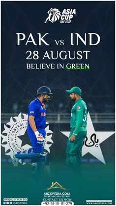 two men in green uniforms standing next to each other with the words pak vs ind 28 august