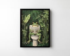 a painting of a frog sitting on top of a toilet with a book in it's mouth