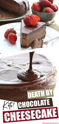 I don't say this lightly, but this is the BEST EVER keto chocolate cheesecake. Rich, dreamy, and oh so chocolatey. A chocolate crust with creamy chocolate cheesecake and a sugar-free chocolate ganache topping. Low carb never tasted so good! #sugarfree #chocolatecheesecake #cheesecakerecipes #deathbychocolate #lowcarbrecipes Thm Chocolate Cheesecake, No Bake Keto Chocolate Cheesecake, Lily's Chocolate Chips Recipes Keto, Keto Cheesecake Dip, Keto Chocolate Ganache, Low Carb Chocolate Cheesecake, Chocolate Cheesecake Keto, Keto Chocolate Cheesecake