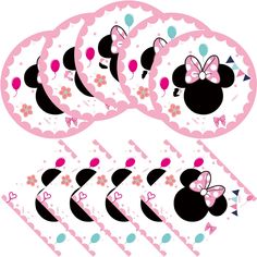 minnie mouse birthday cake toppers with pink and black polka dots on the edges, set of 6