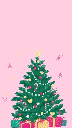 a christmas tree with presents under it on a pink background