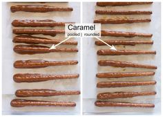 several sausages are lined up on a baking sheet with the words caramel added