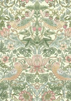 an ornate wallpaper design with birds and flowers on the side, in green and pink colors