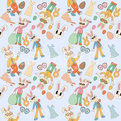 an image of a pattern with rabbits and other animals on it's back ground