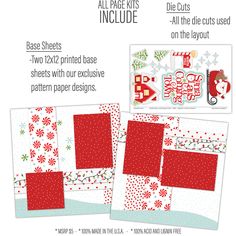 the paper pack includes two christmas themed papers, one with red and white designs on it