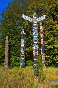 the totem poles are all different colors and designs, with trees in the background