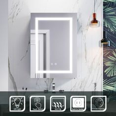 a bathroom mirror with lights above it in front of a wall mounted cabinet and sink