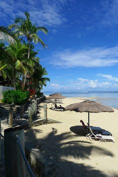 a beach with palm trees and chairs under an umbrella on the sand near the water